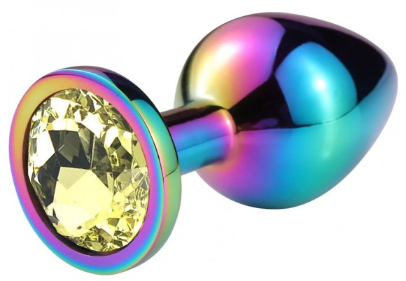 Разноцветная гладкая анальная пробка с желтым кристаллом - 9,5 см.