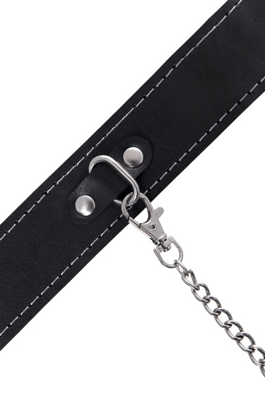 Кожаный двухслойный ошейник с белой строчкой и поводком