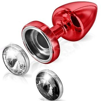 Красный анальный плаг Anni Magnet T1 Red Cristal/black с 2 заменяемыми кристаллами - 6 см.