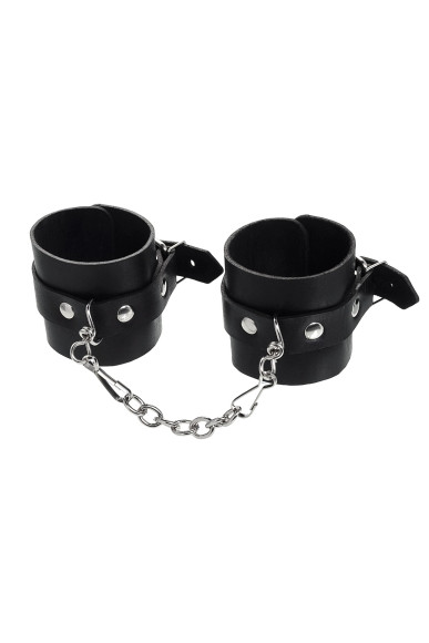 Черные однослойные наручники из натуральной кожи с цепочкой
