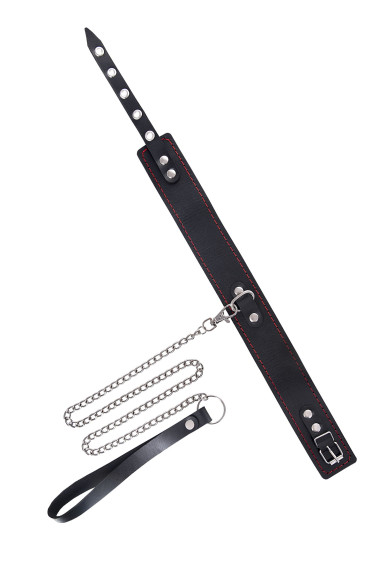 Кожаный двухслойный ошейник с красной строчкой и поводком