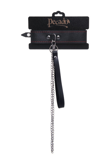 Кожаный двухслойный ошейник с красной строчкой и поводком