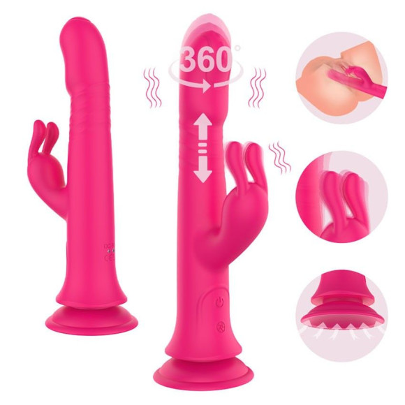 Розовый вибратор-кролик с возвратно-поступательными движениями и ротацией - 24,2 см.