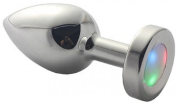 Серебристая гладкая анальная пробка со светодиодным кристаллом - 8,8 см.