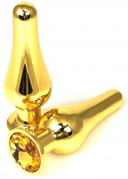 Золотистая удлиненная анальная пробка с оранжевым кристаллом - 11,5 см.