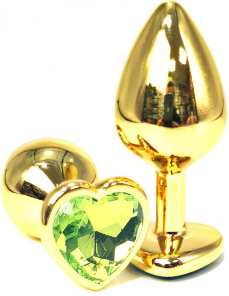 Золотистая анальная пробка с салатовым кристаллом-сердцем - 7 см. Золотистая анальная пробка с салатовым кристаллом-сердцем - 7 см.