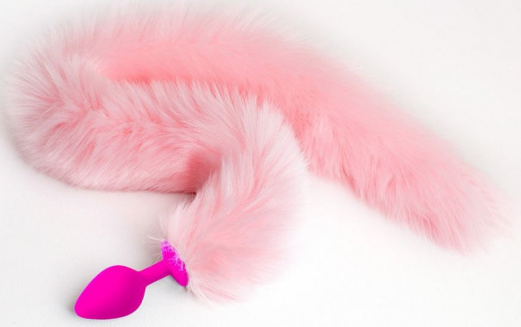 Розовая силиконовая анальная пробка с розовым хвостиком - размер M