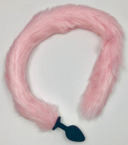 Синяя силиконовая анальная пробка с розовым хвостиком - размер L Синяя силиконовая анальная пробка с розовым хвостиком - размер L