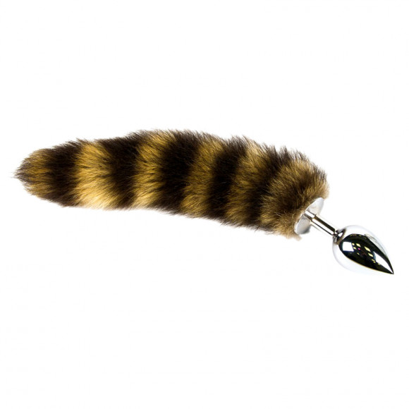 Большая серебристая анальная пробка с полосатым хвостом Большая серебристая анальная пробка с полосатым хвостом