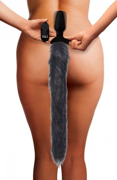 Черная анальная вибропробка с серым лисьим хвостом Grey Fox Tail Vibrating Anal Plug