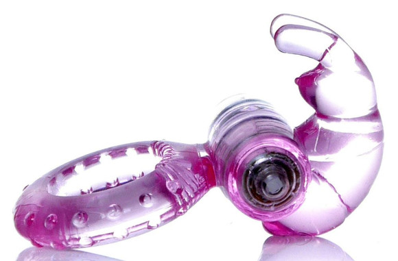 Розовое эрекционное виброкольцо с клиторальным зайчиком