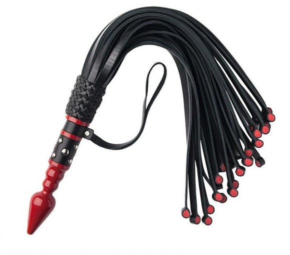 Кожаный флоггер с красной точеной ручкой - 60 см.