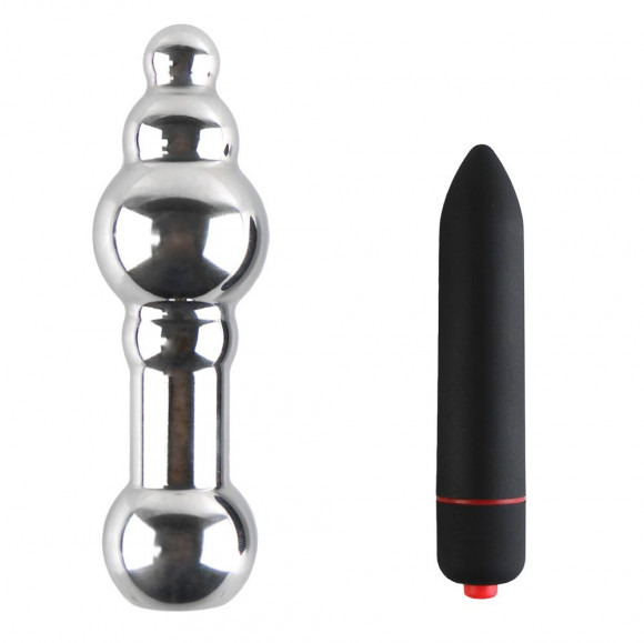 Серебристая анальная пробка IN T2 с вибрацией - 17 см.