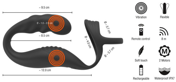 Черное эрекционное кольцо со стимуляцией промежности и анальной пробкой Cock Ring with RC Prostate Plug