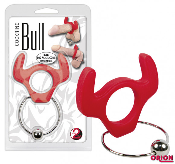 Красное кольцо для пениса BULL с металлической петлёй под мошонку
