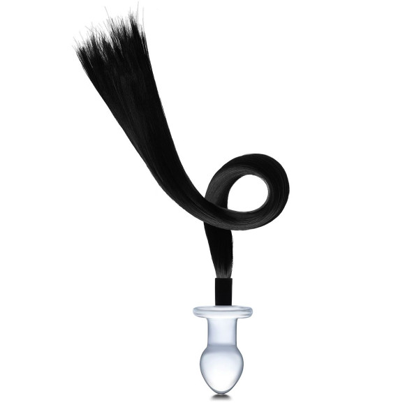 Стеклянная анальная пробка с черным конским хвостом