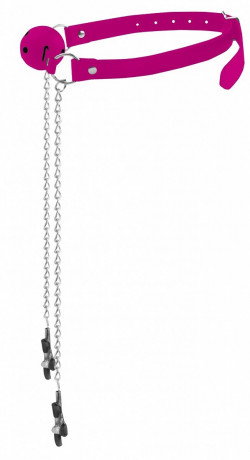 Розовый резиновый кляп-шар с зажимами для сосков Розовый резиновый кляп-шар с зажимами для сосков