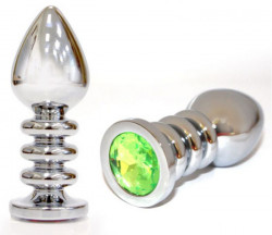 Большая серебристая анальная пробка с светло-зелёным кристаллом - 10 см.